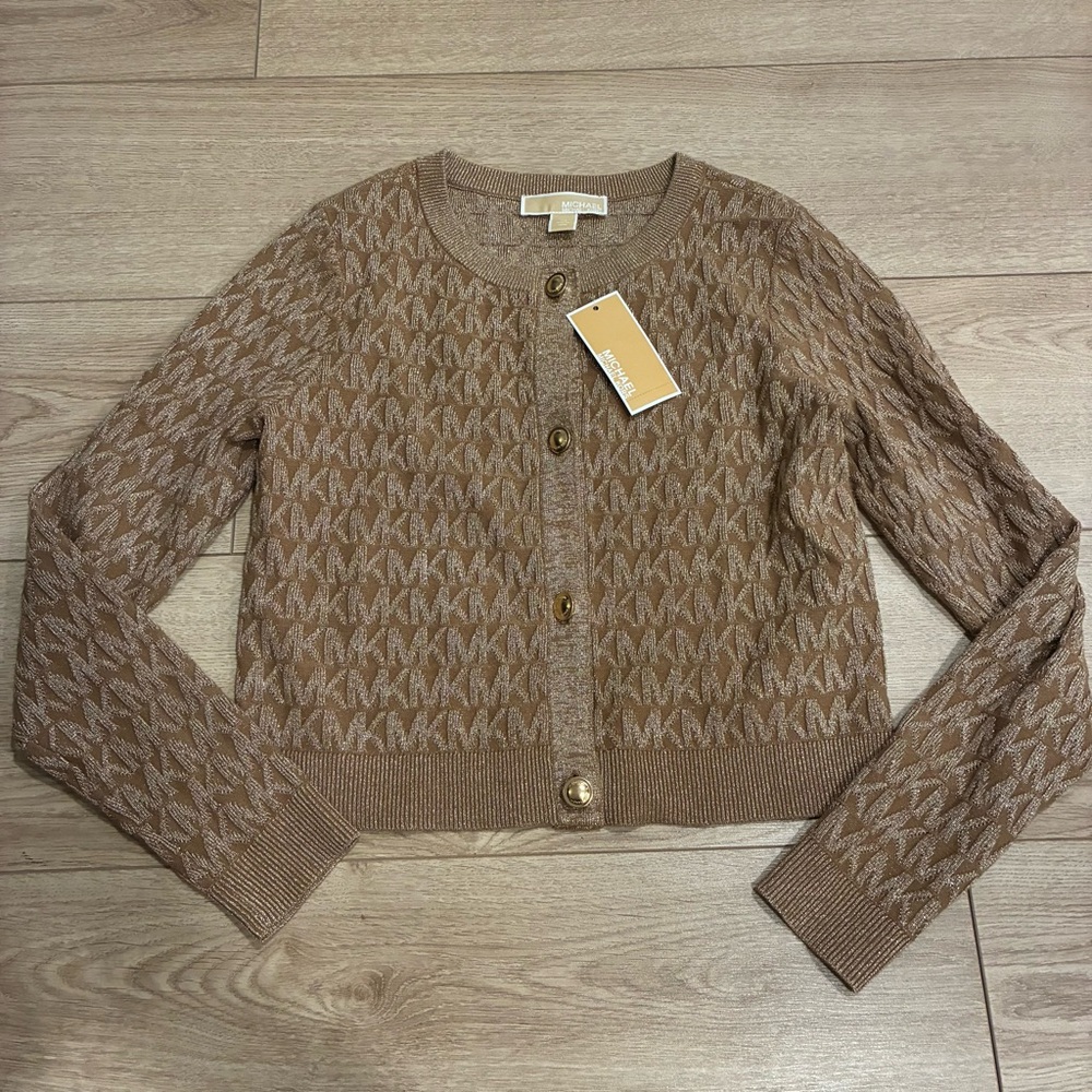 NWT MICHAEL Michael Kors Gold Metallic Signature Logo Cropped Cardigan Size XS